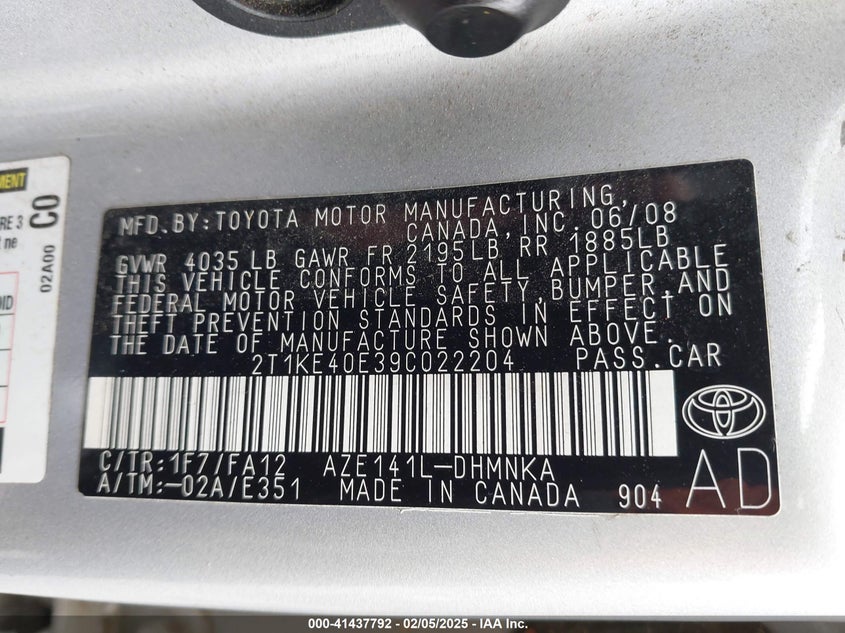 2009 TOYOTA MATRIX VIN: 2T1KE40E39C022204