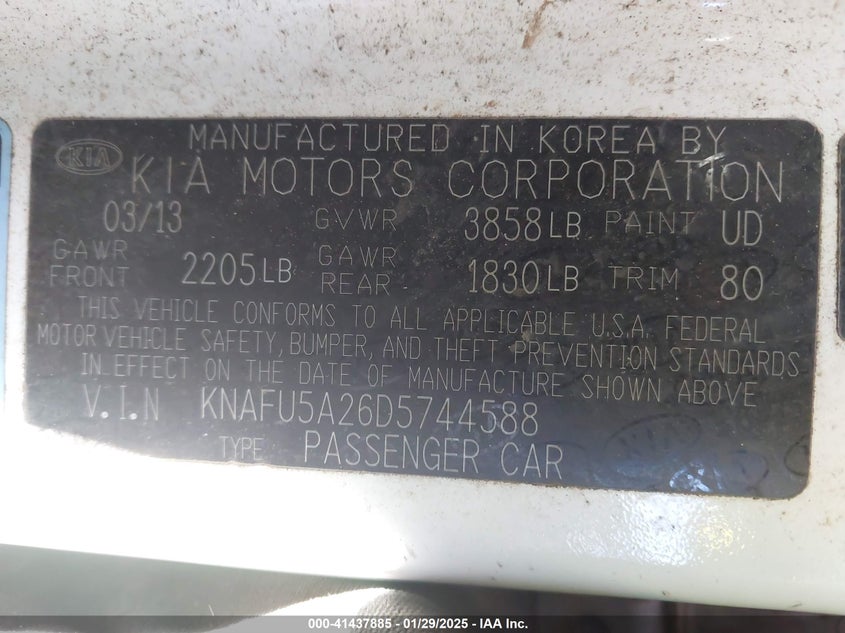 2013 KIA FORTE VIN: KNAFU5A26D5744588