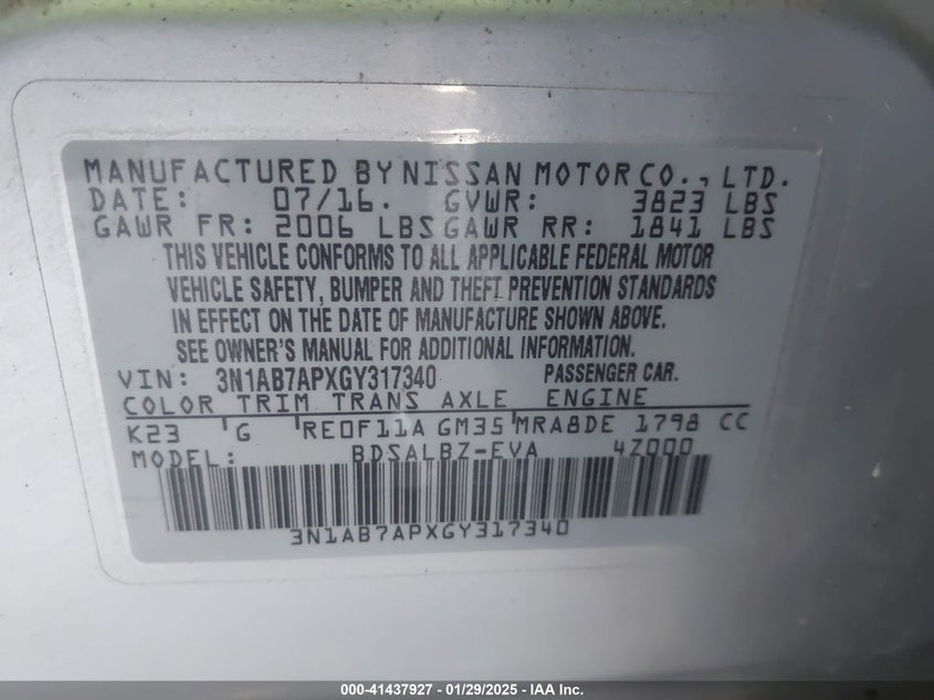 2016 NISSAN SENTRA VIN: 3N1AB7APXGY317340