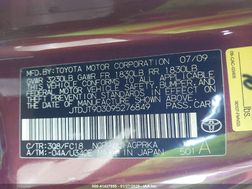 2009 Toyota Yaris VIN: JTDJT903095276849 Lot: 41437955