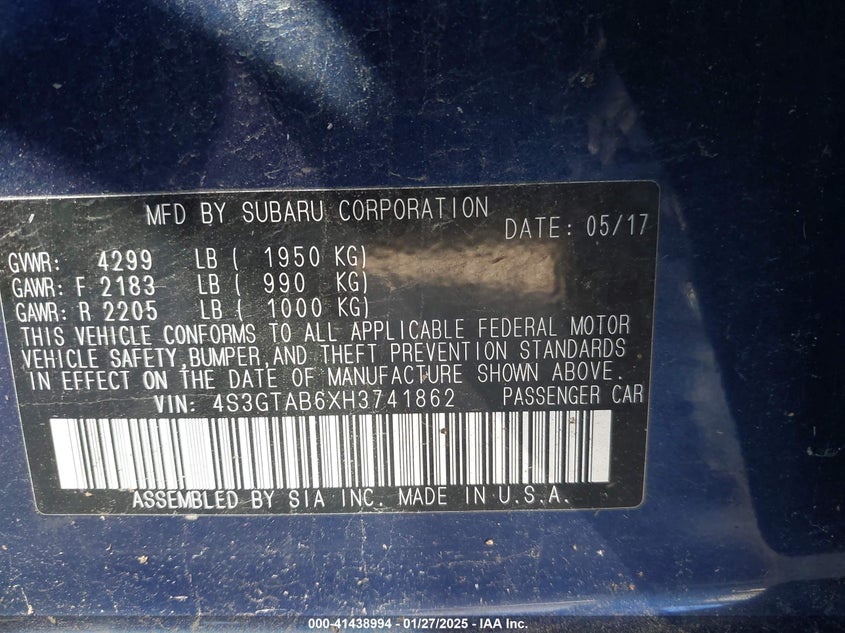 2017 SUBARU IMPREZA VIN: 4S3GTAB6XH3741862