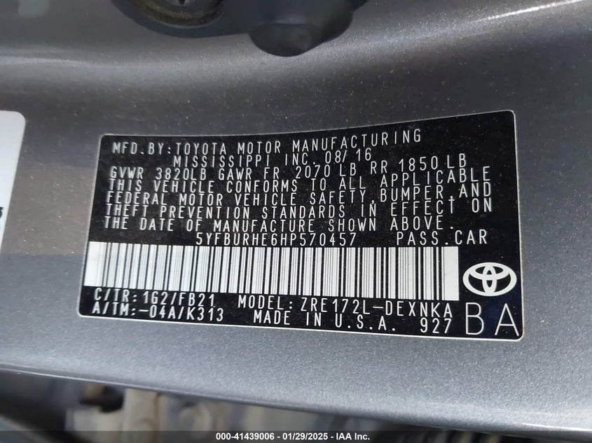 2017 TOYOTA COROLLA VIN: 5YFBURHE6HP570457