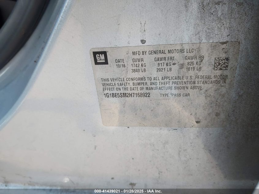 2017 Chevrolet Cruze Lt Auto VIN: 1G1BE5SM2H7168922 Lot: 41439021