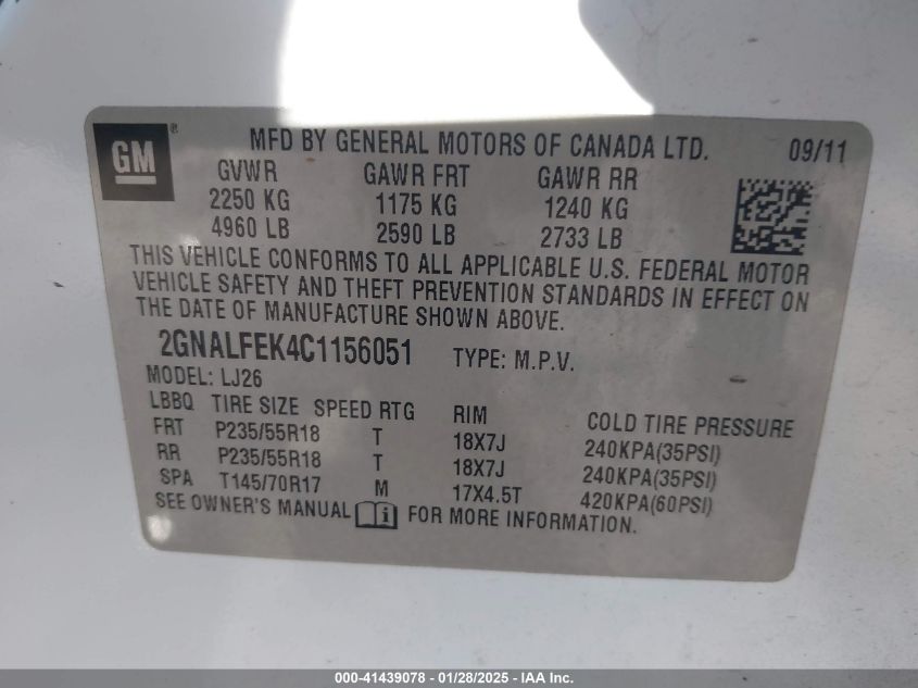 2012 Chevrolet Equinox Ltz VIN: 2GNALSEK4C1156051 Lot: 41439078