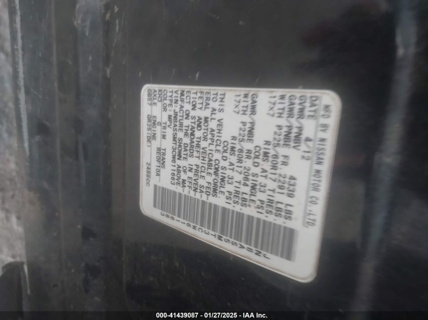 2012 Nissan Rogue Sv VIN: JN8AS5MT3CW611663 Lot: 41439087