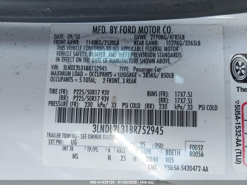 2011 LINCOLN MKZ VIN: 3LNDL2L31BR752945