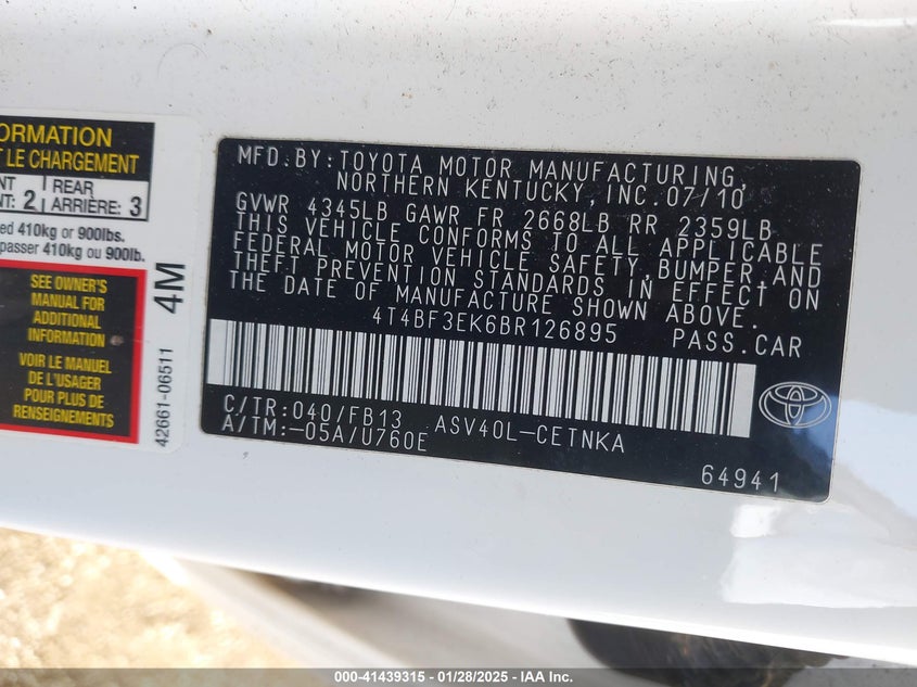 2011 TOYOTA CAMRY VIN: 4T4BF3EK6BR126895