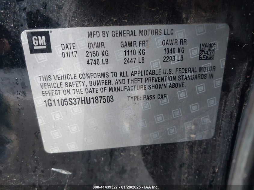 2017 CHEVROLET IMPALA VIN: 1G1105S37HU187503