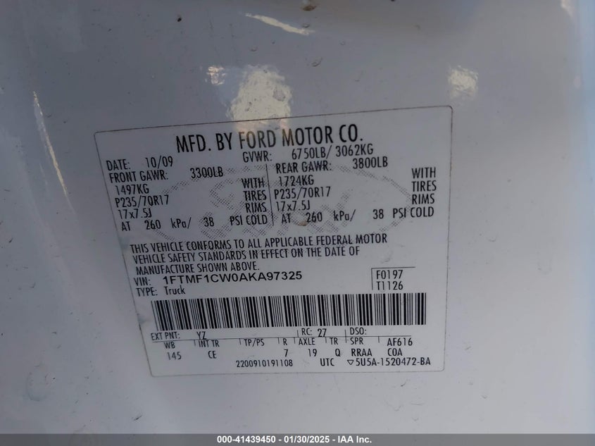 2010 FORD F150 VIN: 1FTMF1CW0AKA97325