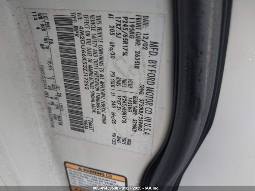 2003 Mercury Mountaineer VIN: 4M2DU66K53ZJ17262 Lot: 41439530