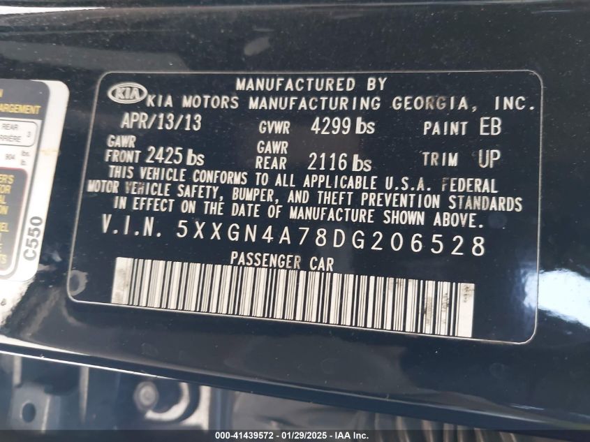 2013 Kia Optima Ex VIN: 5XXGN4A78DG206528 Lot: 41439572