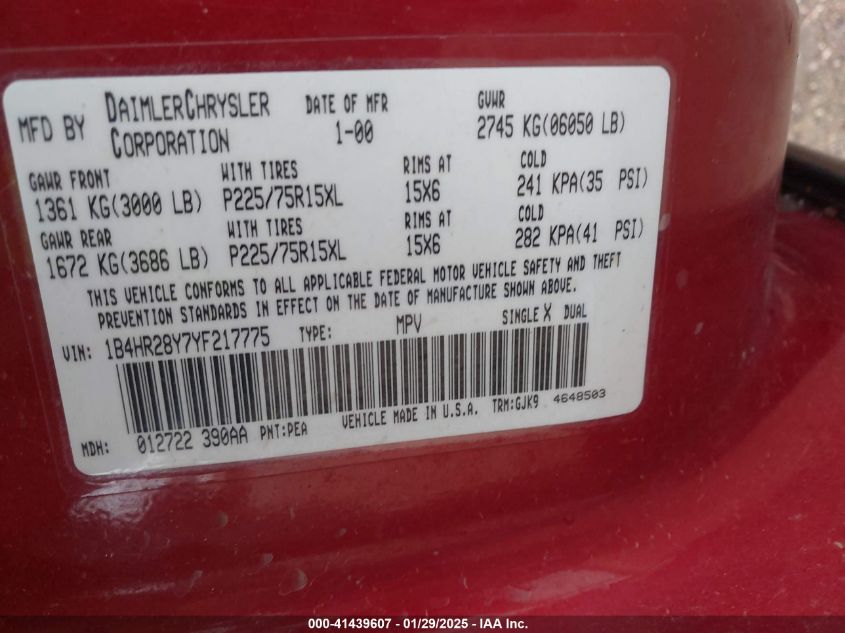 2000 Dodge Durango VIN: 1B4HR28Y7YF217775 Lot: 43412866