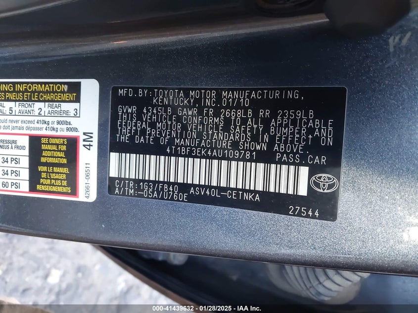 2010 TOYOTA CAMRY VIN: 4T1BF3EK4AU109781