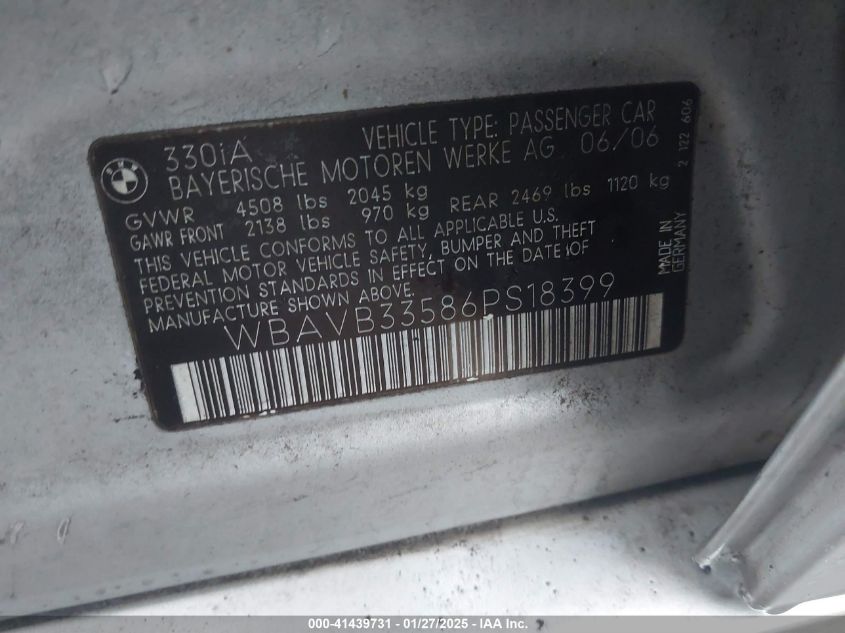 2006 BMW 330I VIN: WBAVB33586PS18399 Lot: 41439731