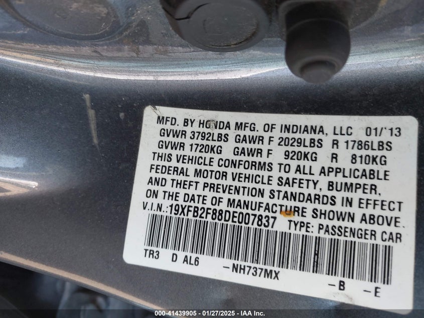 2013 HONDA CIVIC VIN: 19XFB2F88DE007837