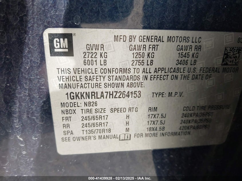 2017 GMC ACADIA VIN: 1GKKNRLA7HZ264153