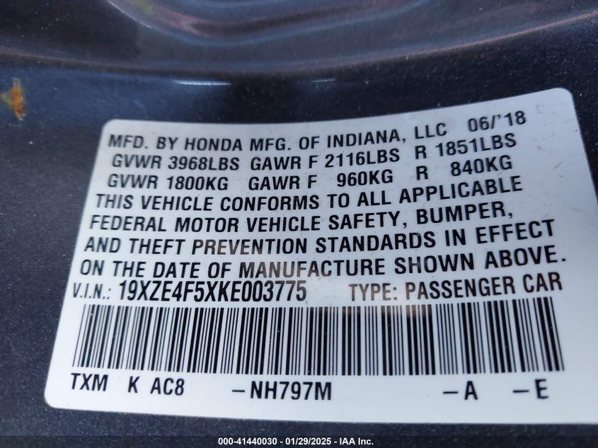 2019 HONDA INSIGHT VIN: 19XZE4F5XKE003775