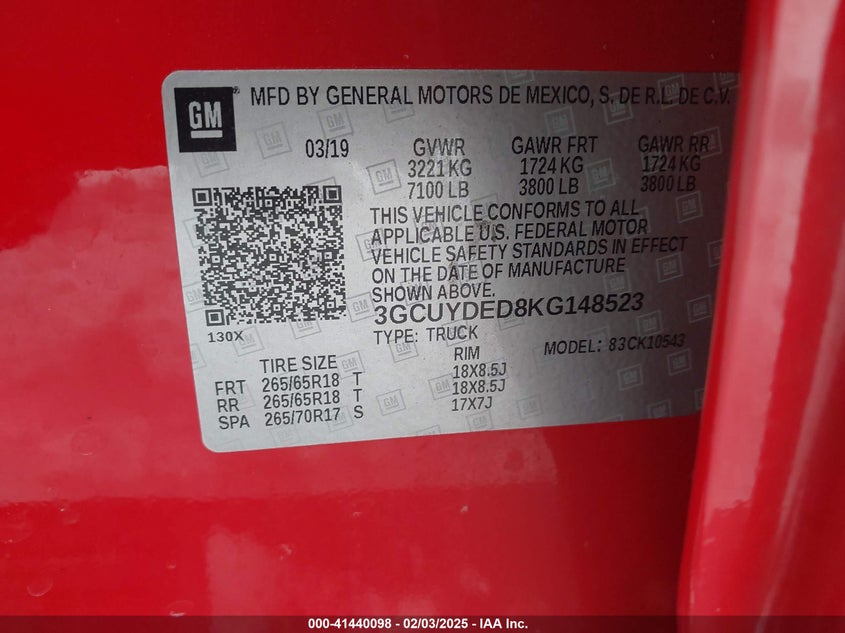 2019 CHEVROLET SILVERADO VIN: 3GCUYDED8KG148523