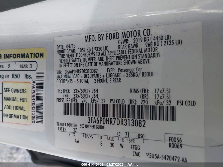 2013 FORD FUSION VIN: 3FA6P0HR7DR313082