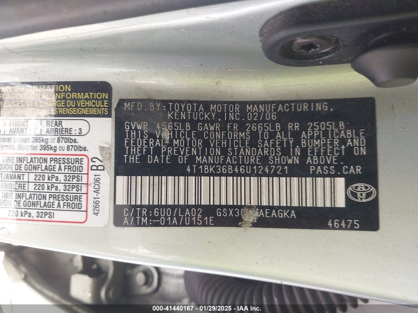 2006 TOYOTA AVALON VIN: 4T1BK36B46U124721