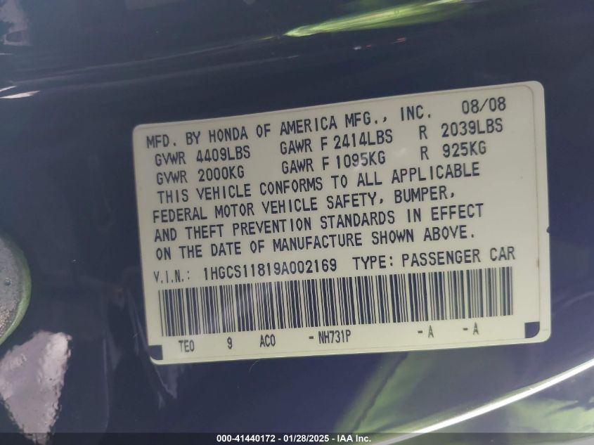 2009 Honda Accord 2.4 Ex-L VIN: 1HGCS118199A00216 Lot: 41440172