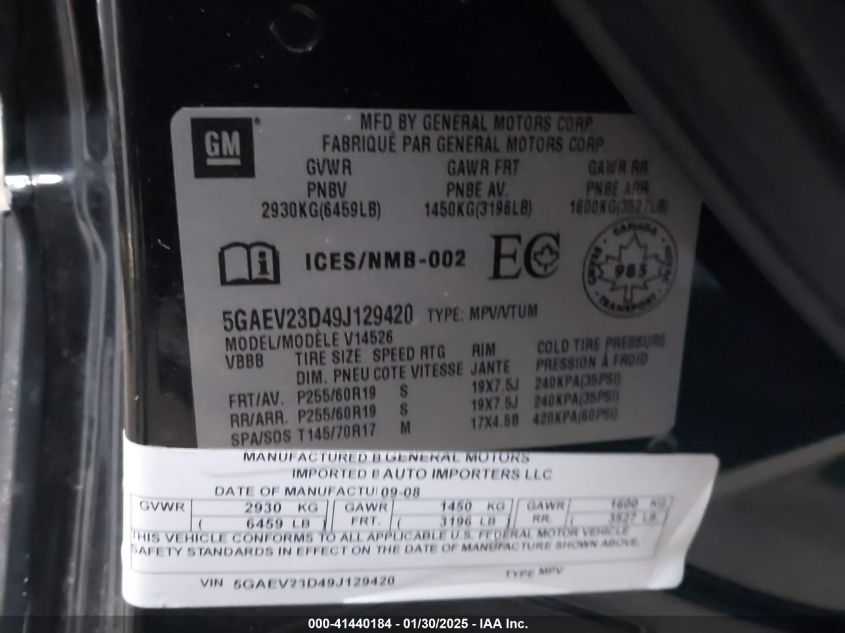 2009 Buick Enclave Cxl VIN: 5GAEV23D49J129420 Lot: 41440184