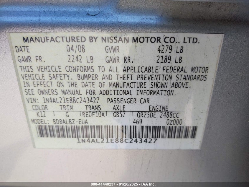 2008 NISSAN ALTIMA VIN: 1N4AL21E88C243427