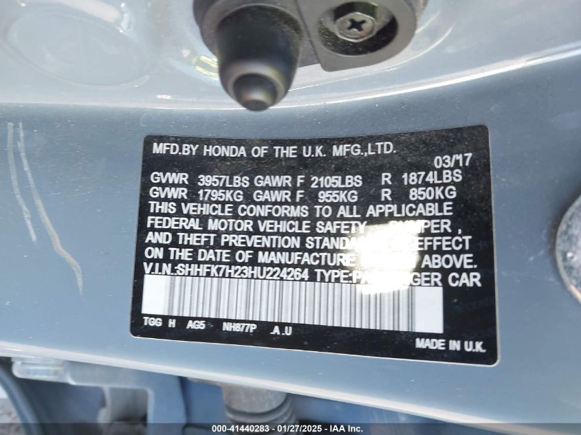 2017 Honda Civic Lx VIN: SHHFK7H23HU224264 Lot: 41440283