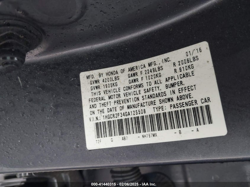 2016 HOND ACCORD SEDAN LX W/CO VIN: 1HGCR2F34GA125508