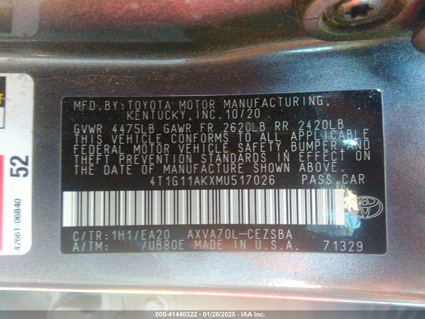2021 TOYOTA CAMRY VIN: 4T1G11AKXMU517026