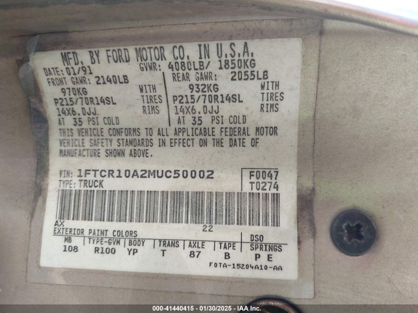 1991 Ford Ranger VIN: 1FTCR10A2MUC50002 Lot: 41440415