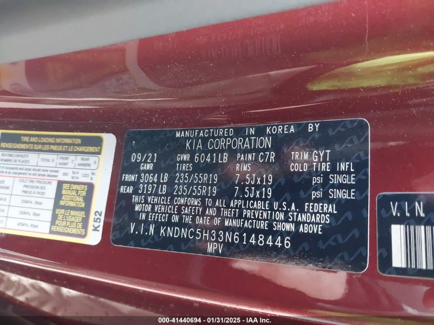 2022 Kia Carnival Mpv Ex VIN: KNDNC5H33N6148446 Lot: 41440694