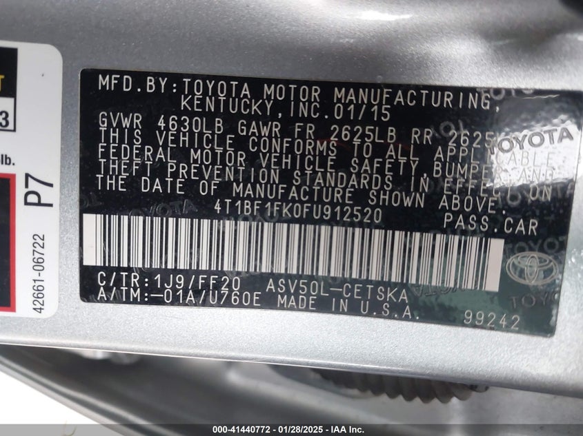 2015 TOYOTA CAMRY VIN: 4T1BF1FK0FU912520