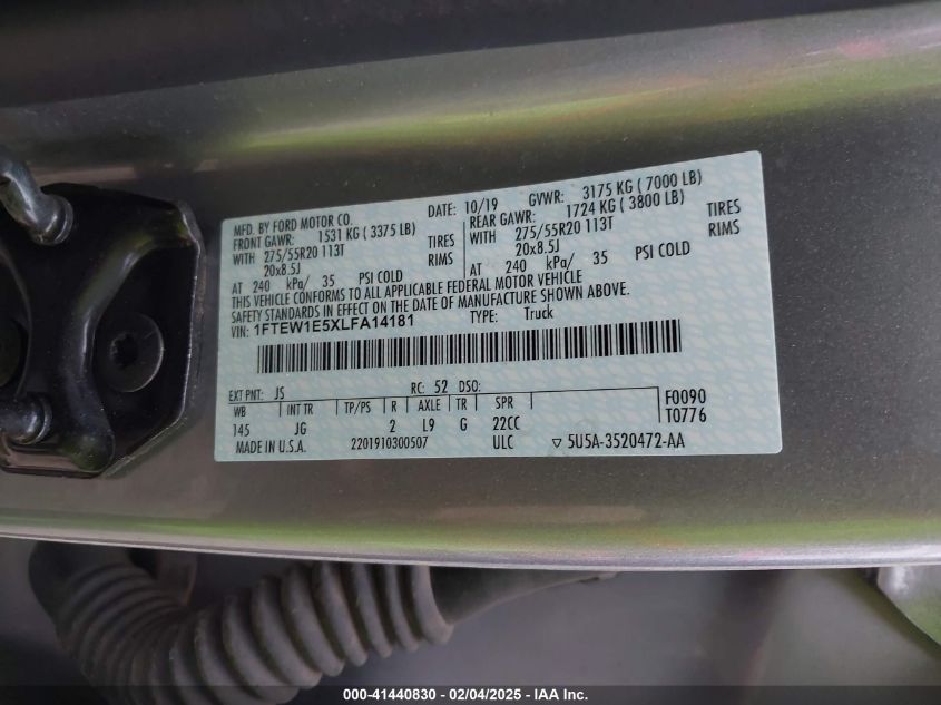 2020 Ford F-150 Xl VIN: 1FTEW1E5XLFA14181 Lot: 41440830