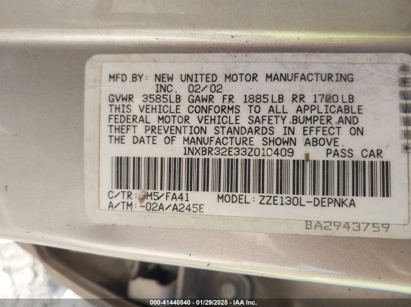 2003 Toyota Corolla Le VIN: 1NXBR32E33Z010409 Lot: 41440840