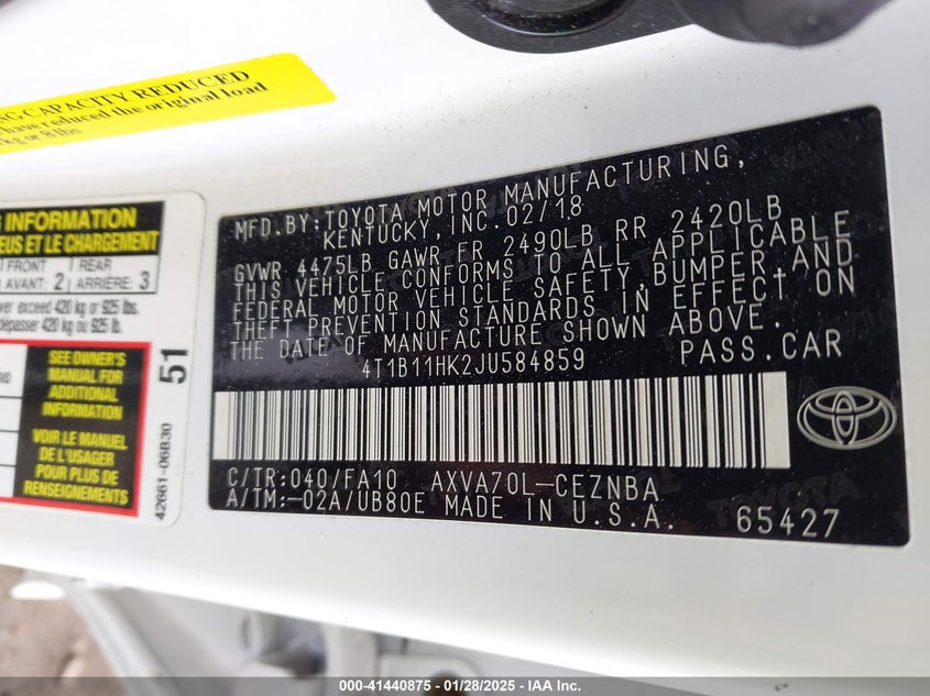 2018 TOYOTA CAMRY VIN: 4T1B11HK2JU584859