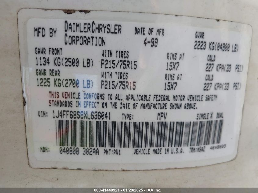 1999 Jeep Cherokee Sport/Classic VIN: 1J4FF68S8XL63641 Lot: 41440921