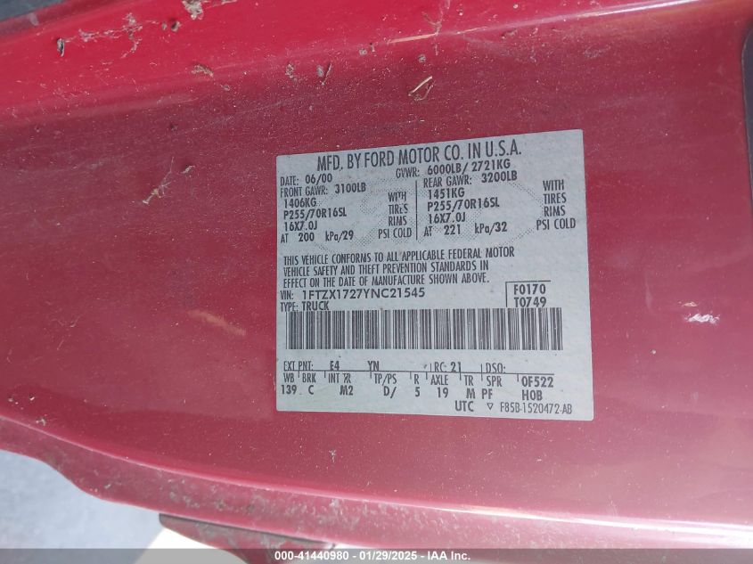 2000 Ford F-150 Work Series/Xl/Xlt VIN: 1FTZX1727YNT21545 Lot: 41440980