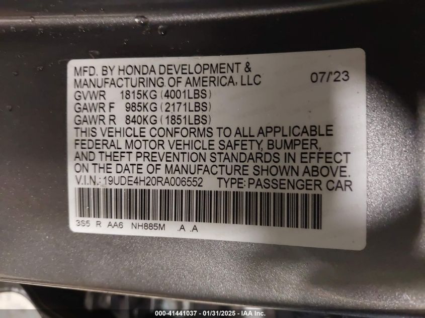 2024 Acura Integra VIN: 19UDE4H20RA006552 Lot: 41441037