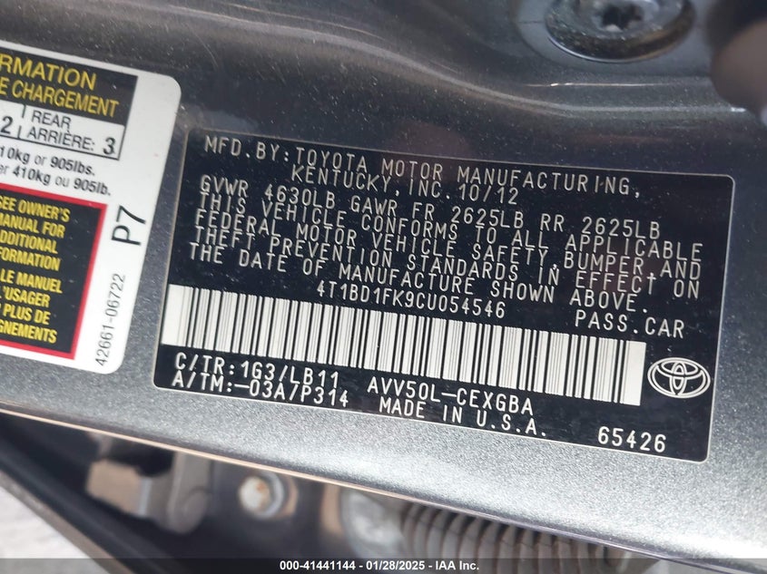 2012 TOYOTA CAMRY HYBRID VIN: 4T1BD1FK9CU054546
