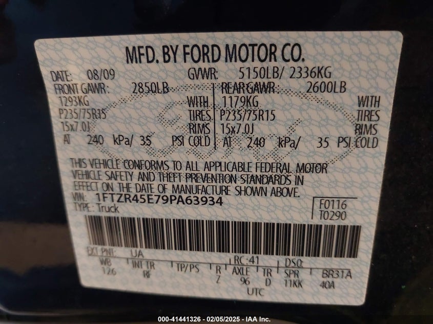 2009 FORD RANGER VIN: 1FTZR45E79PA63934