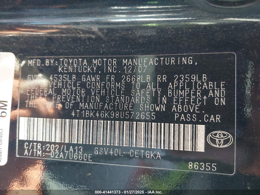 2008 TOYOTA CAMRY VIN: 4T1BK46K98U572655
