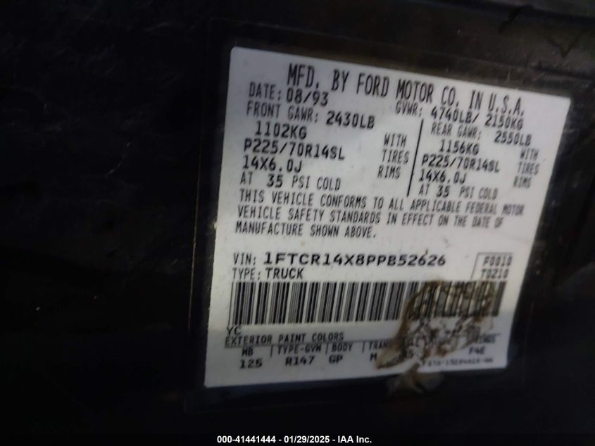 1993 Ford Ranger Super Cab VIN: 1FTCR14X8PPB52626 Lot: 41441444