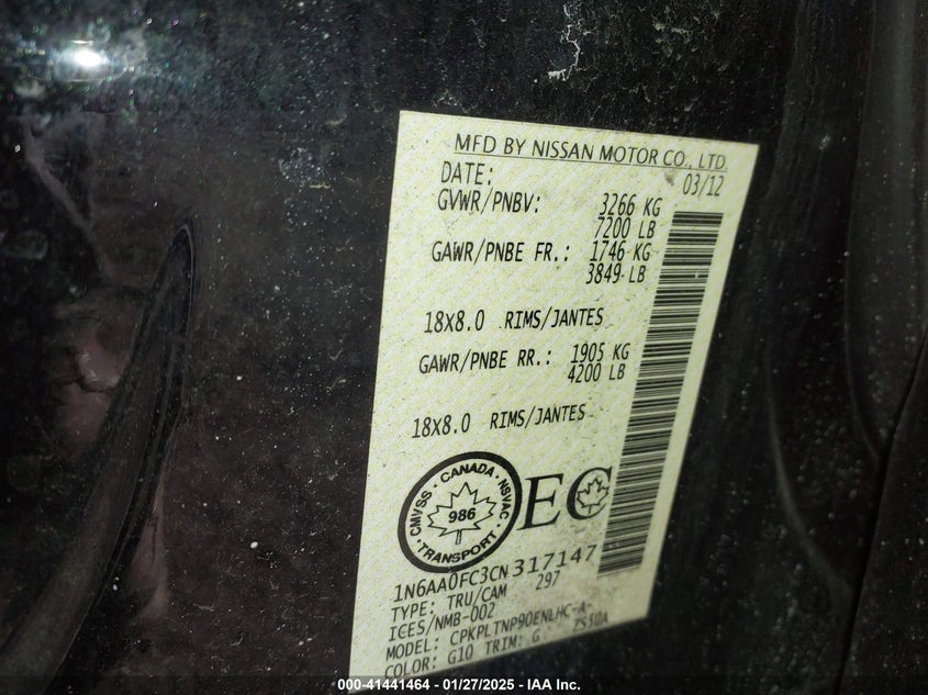 2012 NISSAN TITAN VIN: 1N6AA0FC3CN317147