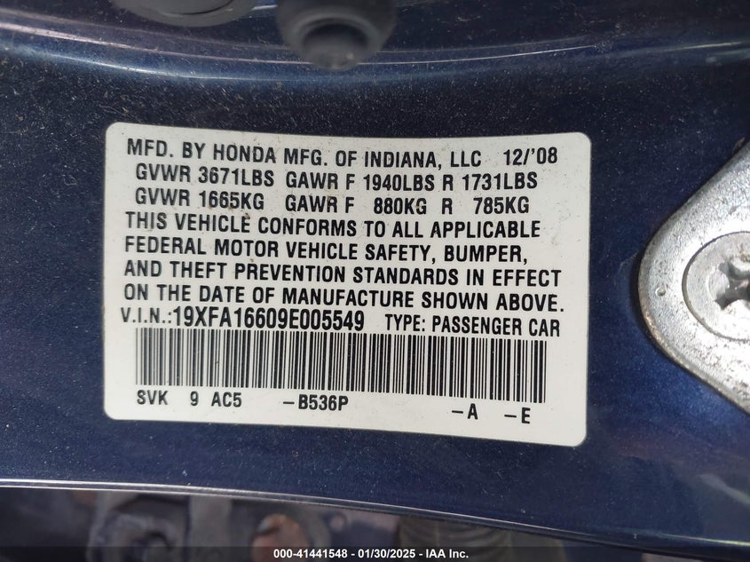 2009 HONDA CIVIC VIN: 19XFA16609E005549
