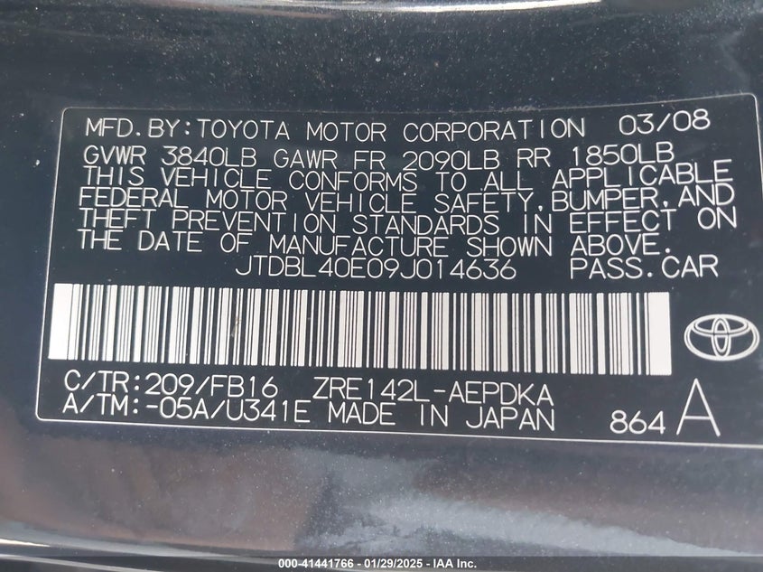2009 TOYOTA COROLLA VIN: JTDBL40E09J014636