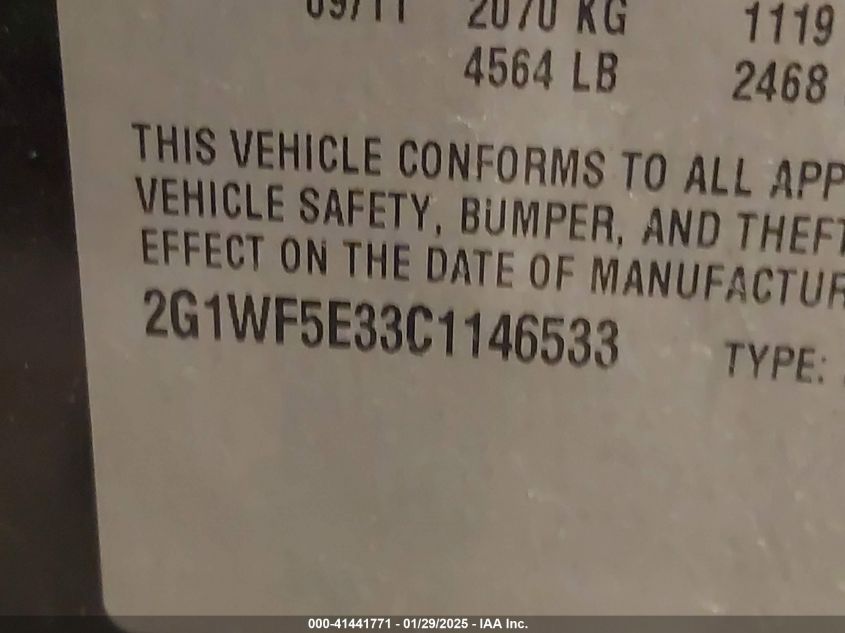 2012 Chevrolet Impala Ls VIN: 2G1WF5E33C1146533 Lot: 41441771