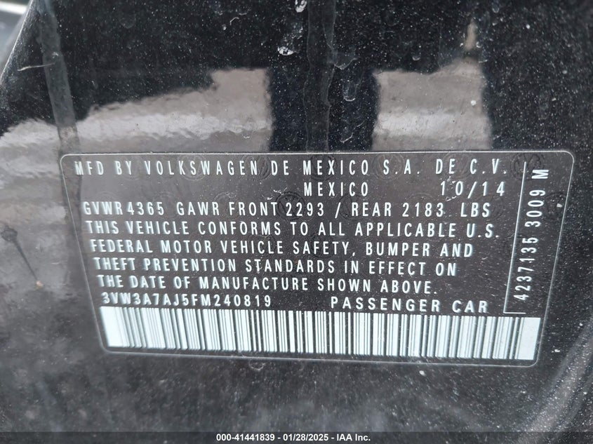 2015 VOLKSWAGEN JETTA VIN: 3VW3A7AJ5FM240819
