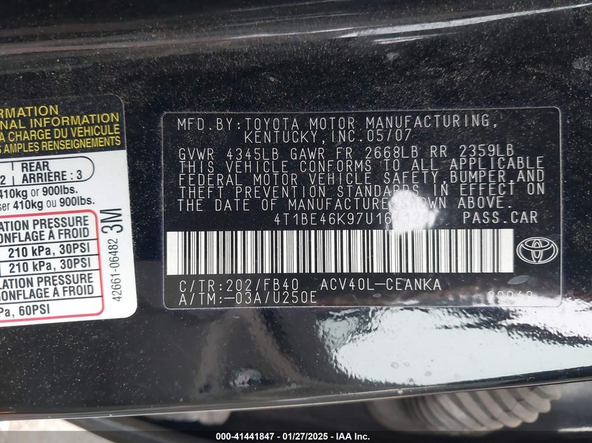 2007 TOYOTA CAMRY VIN: 4T1BE46K97U164128