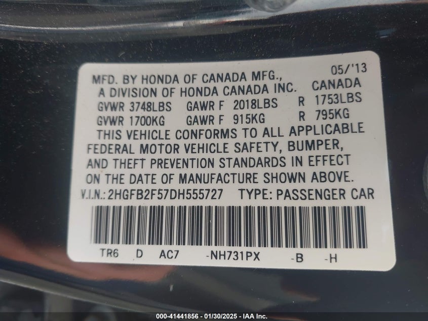 2013 HONDA CIVIC LX - 2HGFB2F57DH555727